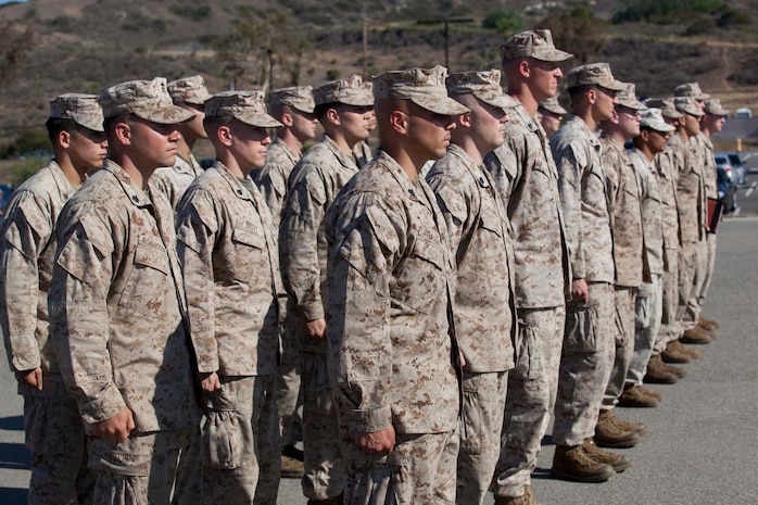 Marines and sailors from Weapons Company, 3rd Battalion, 5th Marine Regiment, Stand at attention in formation on the parade deck at Camp Pendleton, Calif. on 13 May, 2013. Families and friends welcome home their Marines and sailors after an eight-month deployment with the 15th Marine Expeditionary Unit. The battalion has been deployed aboard USS Greenbay, USS Peleliu and USS Dubuque as part of the Peleliu Amphibious Ready Group, U.S. Central Command theater reserve force, providing support for maritime security operations and theater security cooperation efforts. The 15th MEU is a Marine Air Ground Task Force comprised of approximately 2,400 personnel.