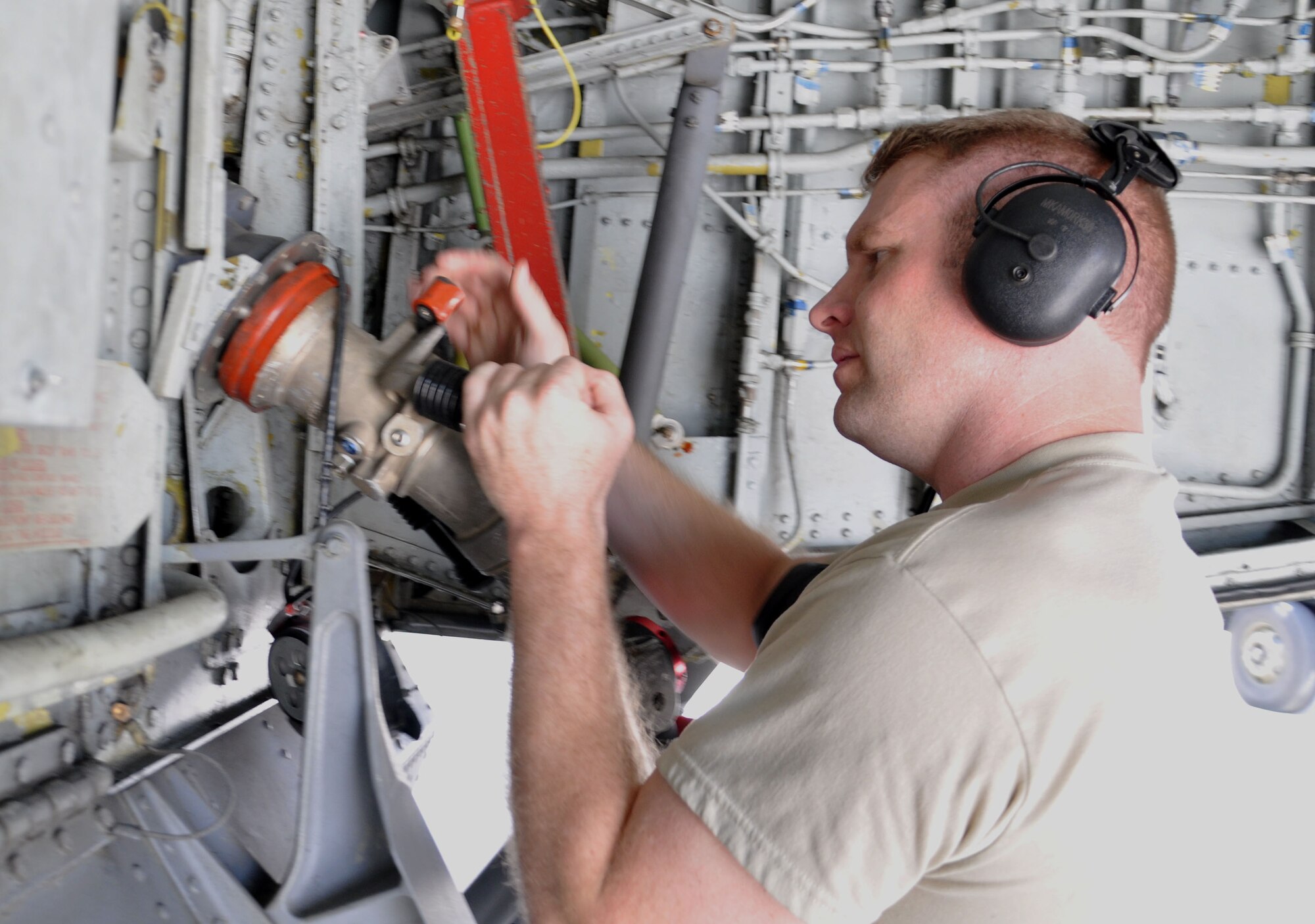 Staff Sgt. Kevin Bolden, 931st AMXS, refuels a KC-135 on the ground at Joint Base San Antonio-Lackland, May 12. The unit was at the base to support the 433rd Airlift Wing.(Air Force photo by Master Sgt. Brannen Parrish)