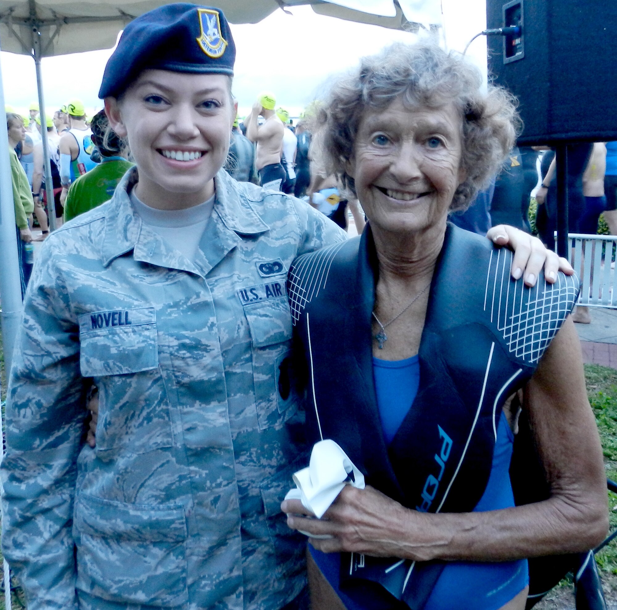 After belting out the national anthem at the May 5 Rocketman Triathlon, Air Force Reservist Senior Airman Caitlin Novell, 920th Rescue Wing, Patrick Air Force Base, Fla., posed with one the participants, Sister Madonna, otherwise known at the the Iron Nun. Not only did Sister Madonna give the invocation, but at 82, she also participated in, and finished the triathlon. During the opening ceremony, 1,600 athletes from around the globe gathered to pay respect to the nation, and pay tribute to the Boston Marathon bombing victims who were killed or injured during a terrorist attack at the finish line April 15. (U.S. Air Force photo/Maj. Don Kerr)