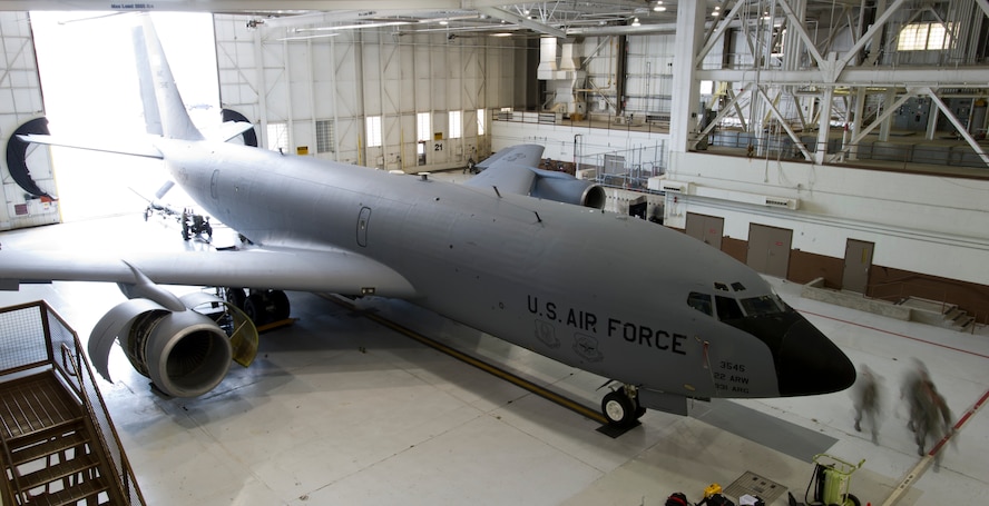 Under the shelter of hangars, McConnell’s KC-135 Stratotanker’s are regularly inspected and maintained, May 15, 2013, McConnell Air Force Base, Kan. McConnell is one of three supertanker wings proving in-flight refueling to enable coalition aircraft to be anywhere anytime. (U.S. Air Force photo/ Senior Airman Armando A. Schwier-Morales)