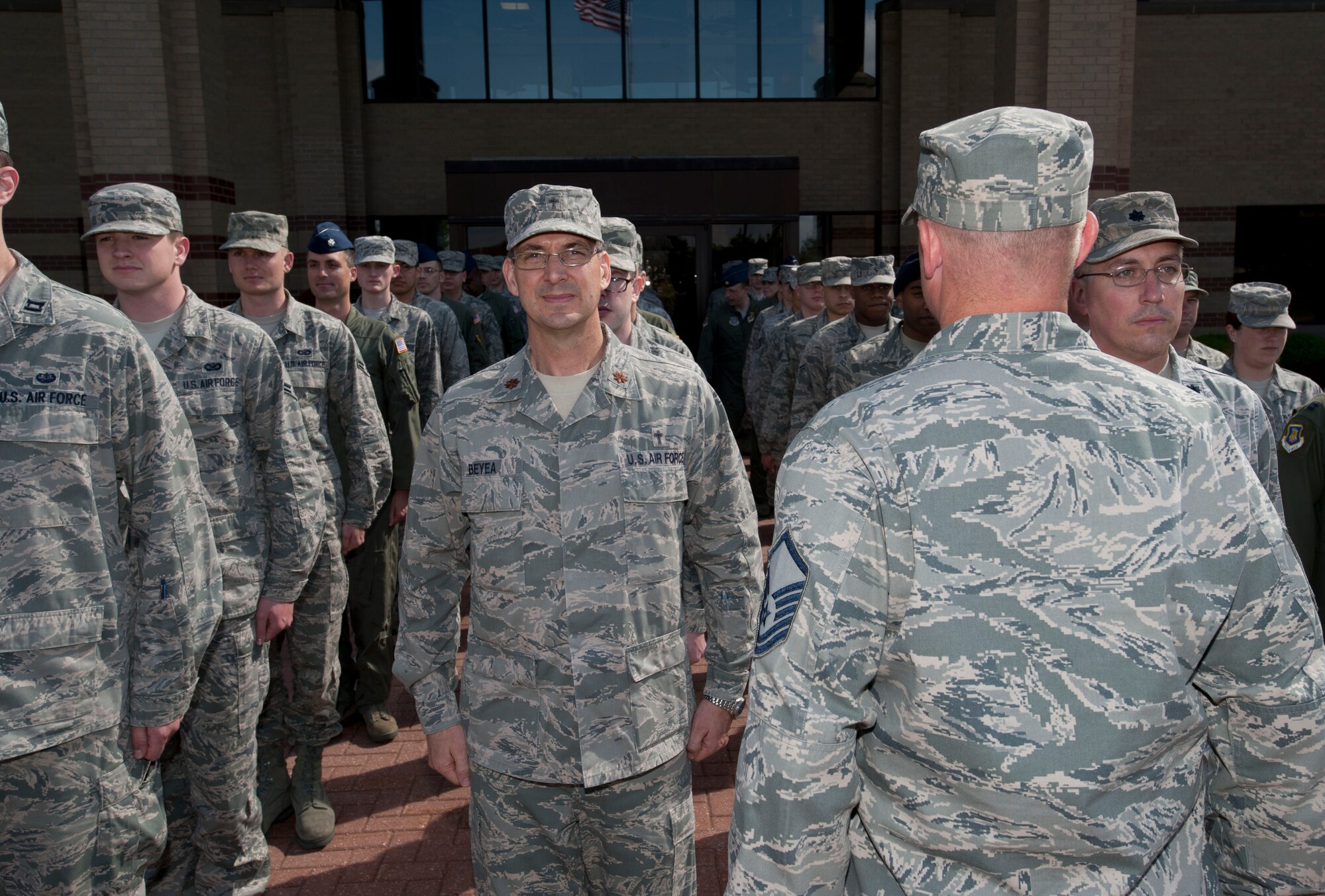 Master Sgt. John Reaves, 22nd Air Refueling Wing weapons safety superintendant and additional duty 22nd Director of Staff first sergeant, leads the DS retreat ceremony May 9, 2013. The DS conducted the first summer retreat of the year.(U.S. Air Force photo/Airman 1st Class Victor J. Caputo)
