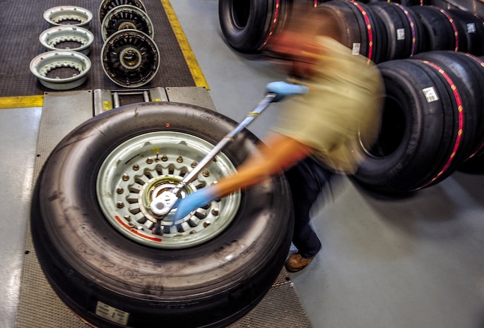 Staff Sgt. Justin Brandt, , 437th Maintenance Squadron repair and reclamation specialist,  uses a torque wrench to put the finishing touches on a reassembled C-17 Globemaster III wheel and tire May 14, 2013, at Joint Base Charleston – Air Base, S.C. Once complete, the wheel and tire will be sent to supply and distributed as needed. The 437th MXS Repair and Reclamation shop is trained and equipped to be dispatched on short notice to crash sites for aircraft recovery.  (U.S. Air Force photo / Airman 1st Class Tom Brading)