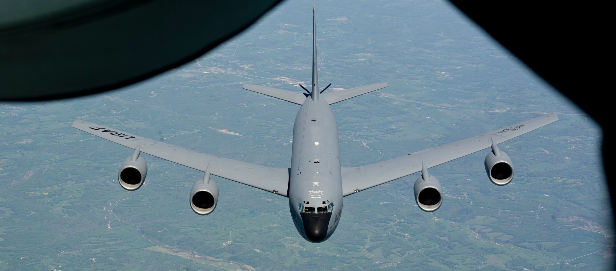 A KC-135 Stratotanker assigned to McConnell AFB is position by its crew for refueling May 14, 2013. The two ship formation allows aircrew members to maintain readiness with local sorties. (U.S. Air Force Photo/Senior Airman Armando A. Schwier-Morales)