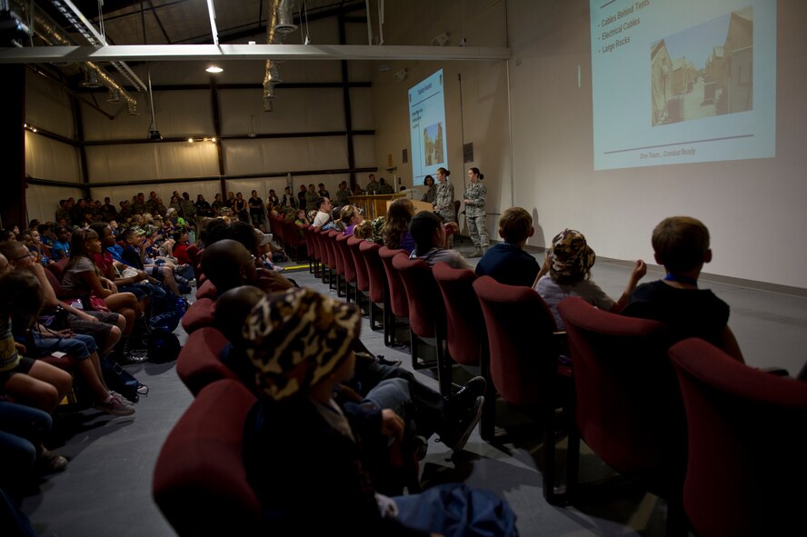 Airmen 1st Class Cheyenne Cherry and Lillian Lea, 49th Operations Support Squadron intelligence analysts, brief the “deployers” about “Bearghanistan” during Operation Kids Investigating Deployment at Holloman Air Force Base, N.M., May 13. The “deployers” experienced a recall, deployment line, deployment to “Bearghanistan,” and welcome home. (U.S. Air Force photo by Senior Airman Kasey Close/Released)