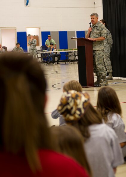 Colonel Kevin Bennett, 49th Mission Support Group commander, speaks to the “deployers” before their mission begins at the Youth and Teen Center during Operation Kids Investigating Deployment at Holloman Air Force Base, N.M., May 13. Operation K.I.D. gave the “deployers” an inside look at what their parents go through when called to deploy. (U.S. Air Force photo by Senior Airman Kasey Close/Released)