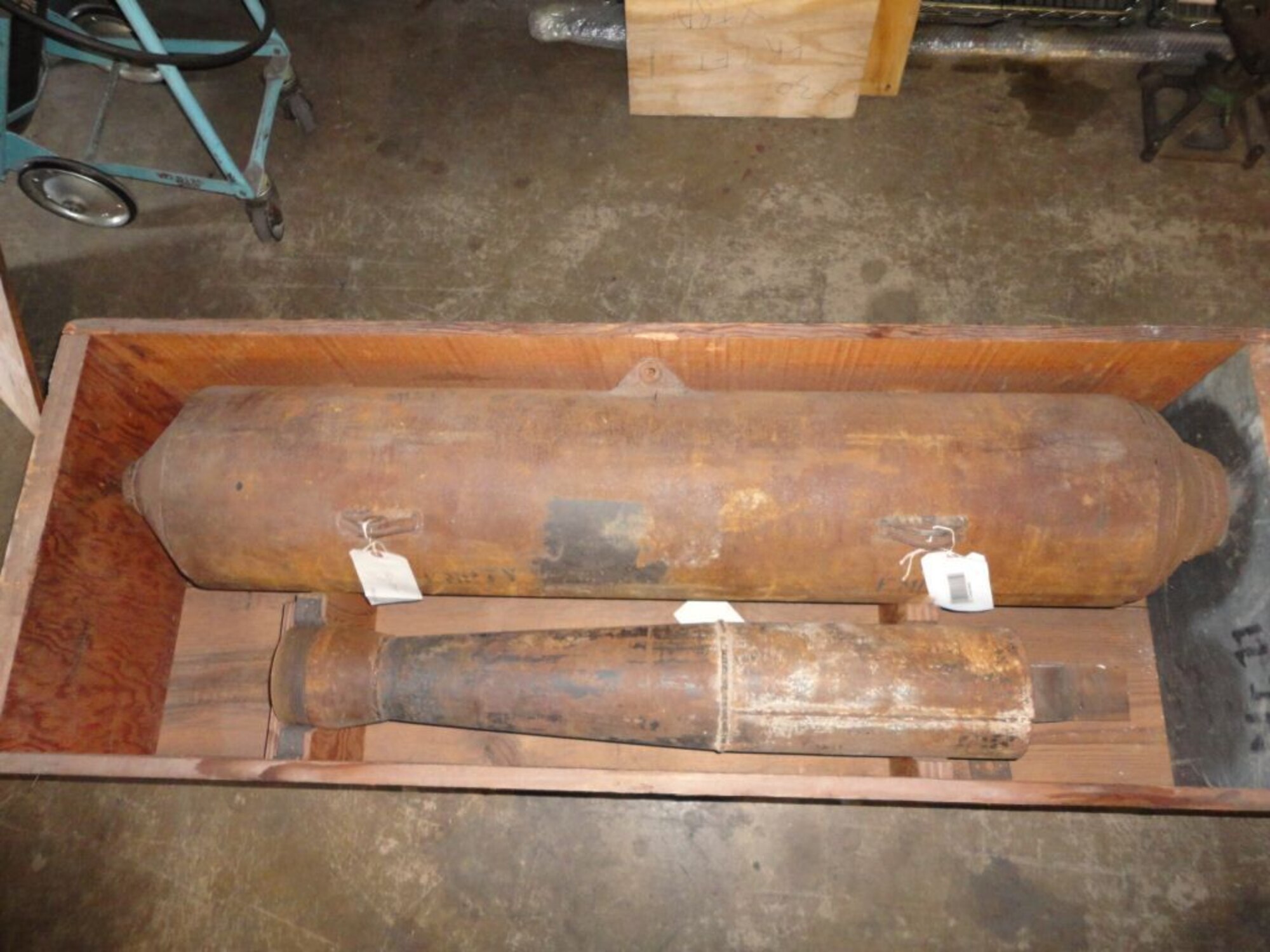 A Yokosuka MXY-7 Ohka or “cherry blossom” rocket sits in a box waiting to be loaded into a KC-135 Stratotanker from the 459th Air Refueling Wing, Joint Base Andrews, Md., May 14, 2013. The Japanese rocket was built in 1945 and was used to accelerate Kamikaze attack planes in their final strikes. The rocket along with two wing flaps from a B-17 Flying Fortress came from the Air and Space Museum of the Smithsonian Institution and the 459th ARW crew will transport both pieces of history to the National Museum of the United States of Air Force, Wright-Patterson Air Force Base, Ohio. (Photo/ Smithsonian Institution) 