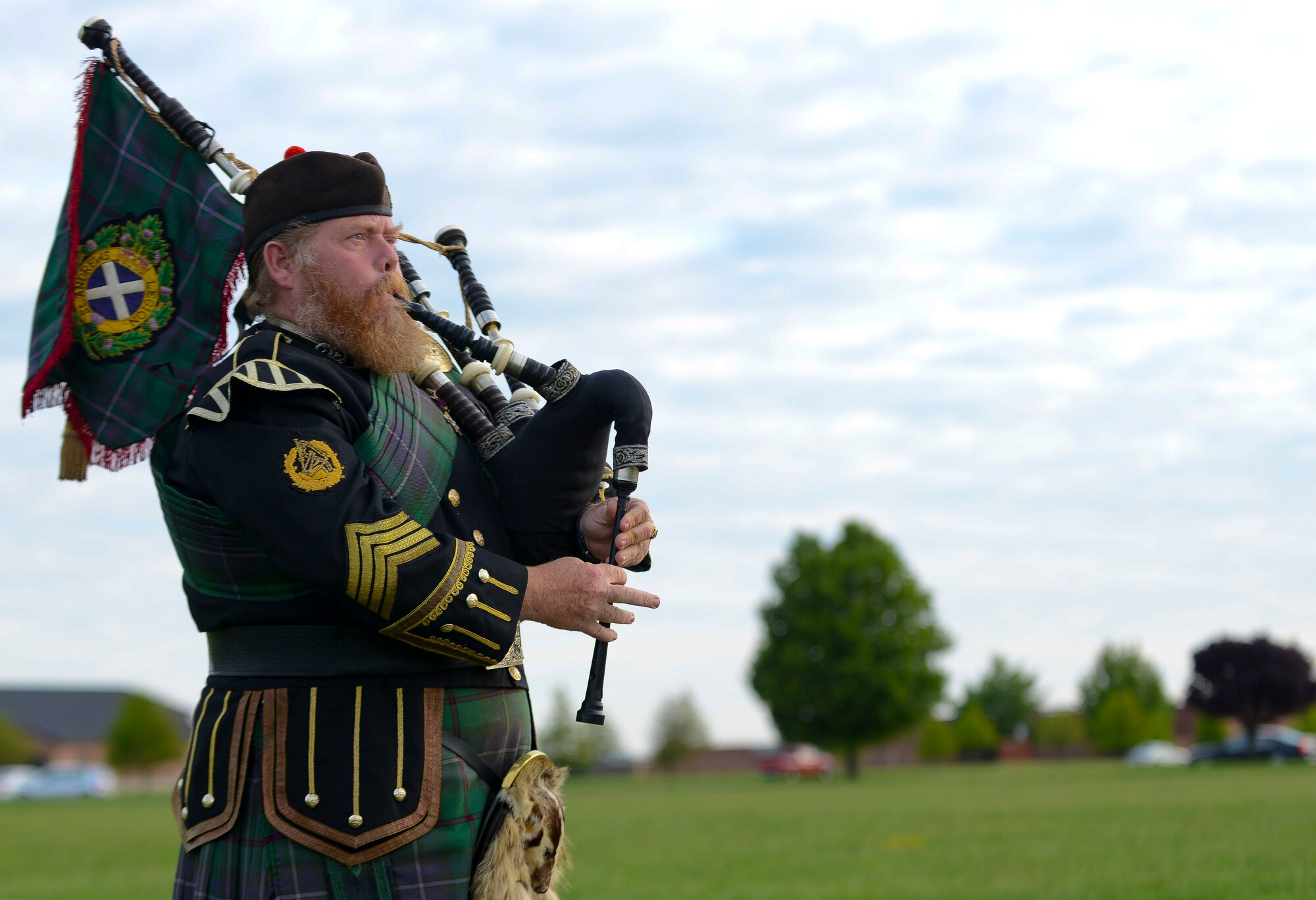Tim Macleod, a ceremonial bagpipes player, performs during the Peace Officer’s Memorial Ceremony at Langley Air Force Base Va., May 13, 2013. In addition to traditional bagpipes, a rifle team and formation were also present at the ceremony to honor police officers who lost their lives in the line of duty. (U.S. Air Force photo by Airman 1st Class Austin Harvill/Released)