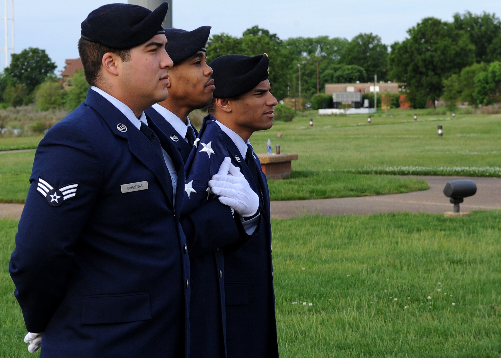 Airmen assigned to the 633rd Security Forces Squadron perform flag detail during the Peace Officers’ Memorial Ceremony held at Langley Air Force Base Va., May 13, 2013. The Peace Officers’ Memorial Ceremony was held to pay homage to law enforcement officers who lost their lives in the line of duty. (Photo by U.S. Air Force Airman Areca T. Wilson/Released)