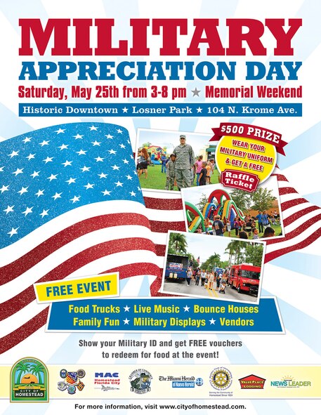 The second annual Military Appreciation Day in Homestead will offer Military ID holders free vouchers to redeem for food at the event, free raffle tickets for a $500-value prize to those wearing their Military uniform, and family fun with live music, food trucks, military displays and bounce houses. The free event will take place on Memorial Weekend on Saturday, May 25th from 3 to 8 pm at Losner Park in Historic Downtown Homestead, 104 North Krome Avenue. (courtesy graphic)

