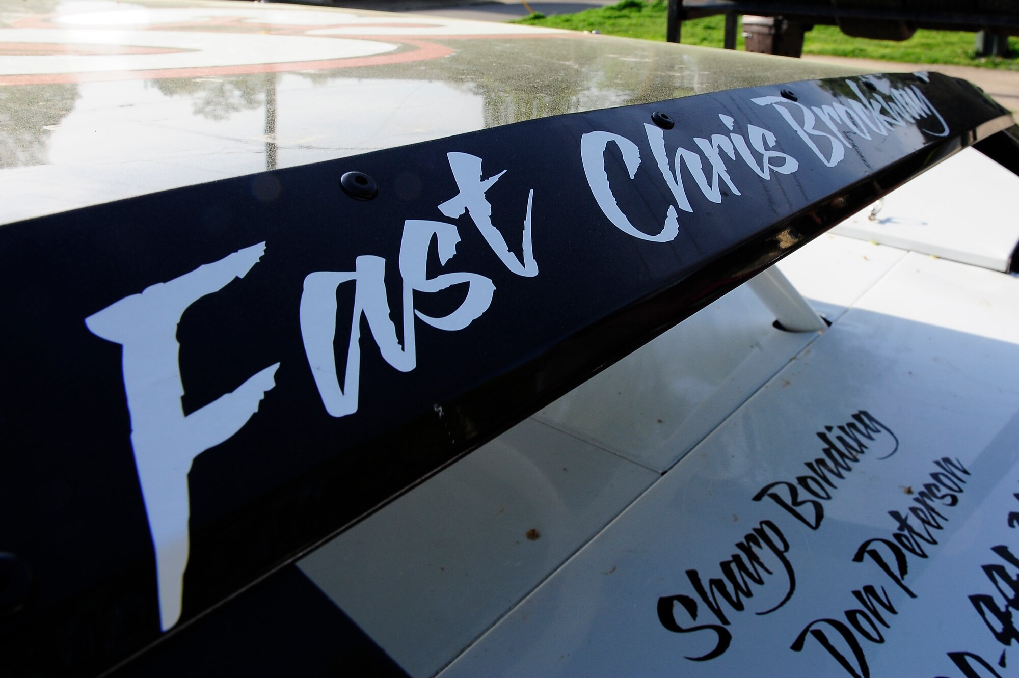 The roof of Staff Sgt. Chris Brockway’s, 442nd Logistics Readiness Squadron traffic management office apprentice, B-Modified racecar bears his nickname “Fast Chris” in Warrensburg, Mo., April 29, 2013. Brockway first decided he wanted to be a racecar driver when he was 6 years old. (U.S. Air Force photo by Airman 1st Class Shelby R. Orozco/Released)