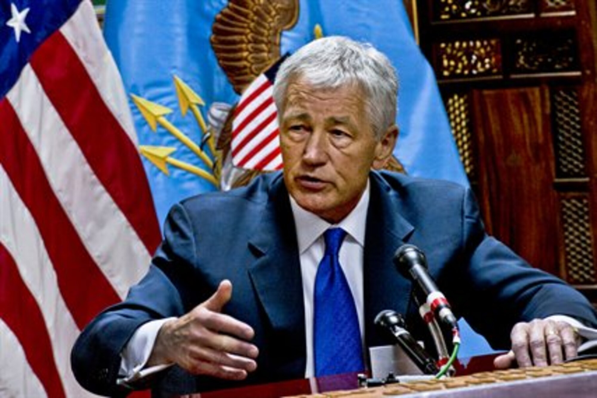 Defense Secretary Chuck Hagel has ordered the services to retrain, re-credential and rescreen all sexual assault prevention and response personnel and military recruiters. Hagel directed the retraining, re-credentialing and rescreening to address the broader concerns that have arisen out of recent events. (DOD photo by Erin A. Kirk-Cuomo/Released)
