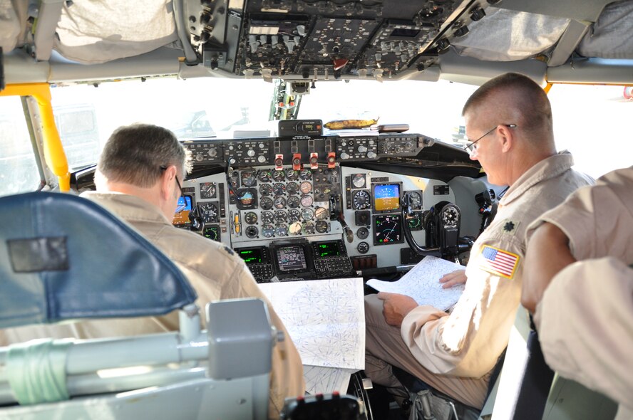 U.S. Air Force pilots from the 756th Air Refueling Squadron conduct their preflight procedures before departing for a deployment at Joint Base Andrews, Md., May 13, 2013. The 459th MXS and Operations Group deployed to an undisclosed location in Southwest Asia in support of Operation Enduring Freedom. (U.S. Air Force photo/ Staff Sgt. Katie Spencer)