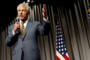 Defense Secretary Chuck Hagel speaks to Department of Defense employees at the Mark Center in Alexandria, Va., May 14, 2013. Hagel announced furloughs of up to 11 days for employees, adding the furloughs will affect every military department and almost every agency, with limited exceptions.