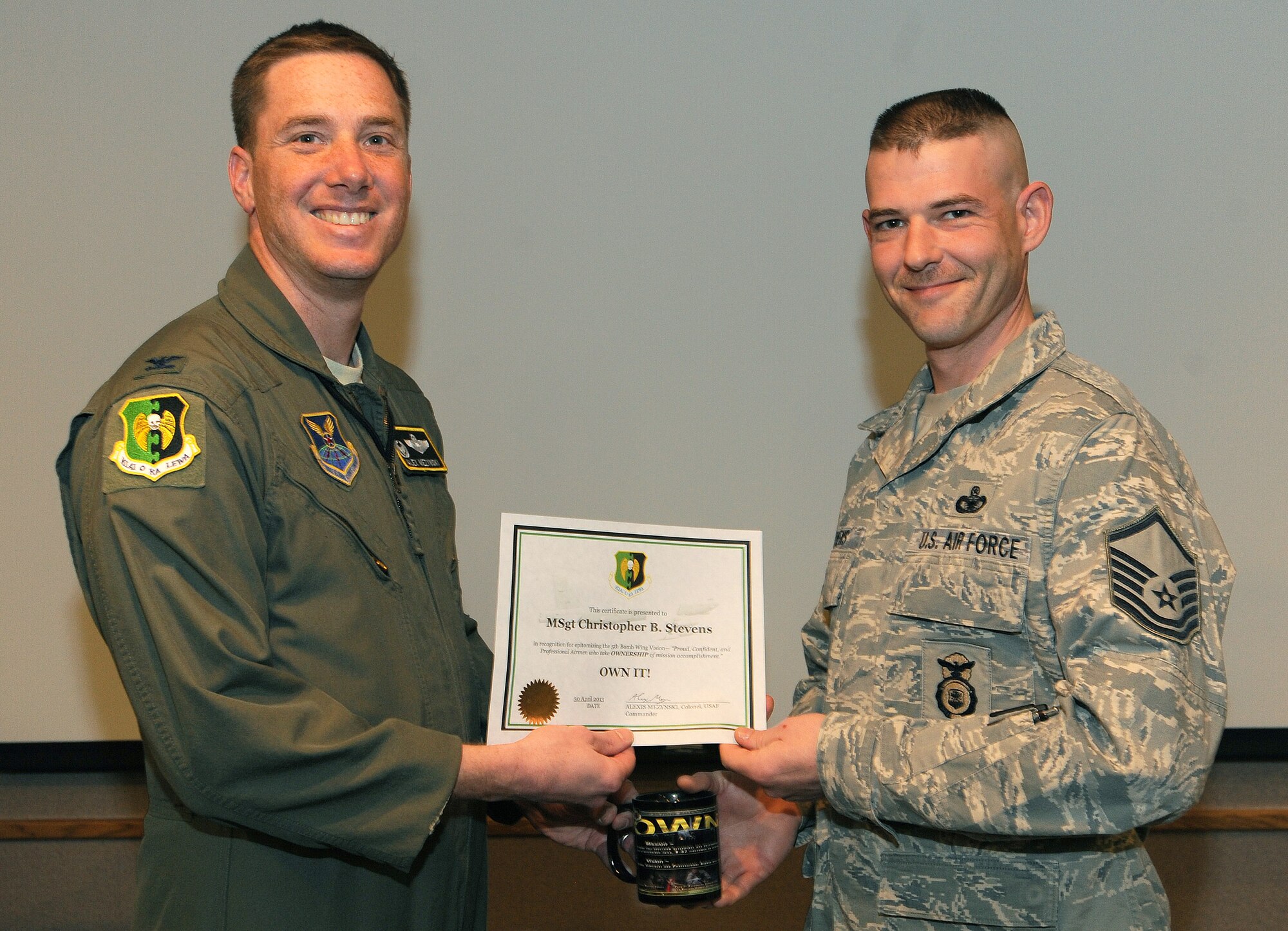 MINOT AIR FORCE BASE, N.D. -- Congratulations to Master Sgt. Christopher B. Stevens for earning the 5th Bomb Wing Own It Award. Stevens was instrumental in the 5th BW’s excellent rating during the CUI. He managed the wing self-inspection program, assured all organizations assigned monitors, worked with each monitor on their programs and performed pre-inspections ahead of the Air Force Global Strike Command IG inspectors. His self-inspection program efforts resulted in a low number of fi ndings during the CUI. In addition, Stevens identified a critical gap when the installation MICT POC was reassigned on short notice. Stevens couldn't get the formal training at Warner Robbins AFB, Ga. so he took it upon himself to self-train and become the guru for Minot AFB and a recognized expert in AFGSC when he gave expert advice to many AFGSC staff agencies. For this and much more, Stevens Owns It always in his day-to-day duties and he defi nitely Owned It during the 5th BW and 91st Missile Wing Team Minot CUI. (U.S. Air Force photo/Senior Airman Jose L. Hernandez)`