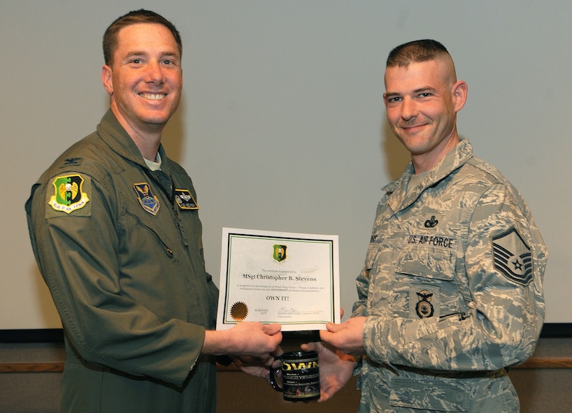 MINOT AIR FORCE BASE, N.D. -- Congratulations to Master Sgt. Christopher B. Stevens for earning the 5th Bomb Wing Own It Award. Stevens was instrumental in the 5th BW’s excellent rating during the CUI. He managed the wing self-inspection program, assured all organizations assigned monitors, worked with each monitor on their programs and performed pre-inspections ahead of the Air Force Global Strike Command IG inspectors. His self-inspection program efforts resulted in a low number of fi ndings during the CUI. In addition, Stevens identified a critical gap when the installation MICT POC was reassigned on short notice. Stevens couldn't get the formal training at Warner Robbins AFB, Ga. so he took it upon himself to self-train and become the guru for Minot AFB and a recognized expert in AFGSC when he gave expert advice to many AFGSC staff agencies. For this and much more, Stevens Owns It always in his day-to-day duties and he defi nitely Owned It during the 5th BW and 91st Missile Wing Team Minot CUI. (U.S. Air Force photo/Senior Airman Jose L. Hernandez)`
