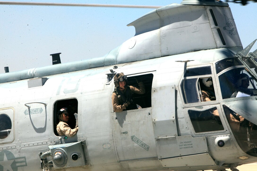 Marines with Marine Medium Helicopter Squadron 364 (Reinforced), the aviation combat element for the 15th Marine Expeditionary Unit, land after conducting a fly-over during their homecoming at Camp Pendleton, May 13. After an eight-month deployment the servicemembers were able to reconnect with their loved ones.
