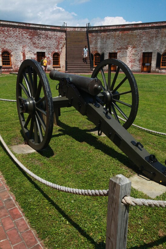 A model 1841 field cannon, the smallest caliber cannon used as secondary armament from 1834-1861, sits as a display at Fort Macon State Park May 12. These cannons were used to defend vulnerable areas against assaults. The barrel weighs 887 pounds, the gun carriage weighs 900 pounds and each shot weighs 6 pounds. The cannon’s range is 1,523 yards. A team of seven men is required to operate it.