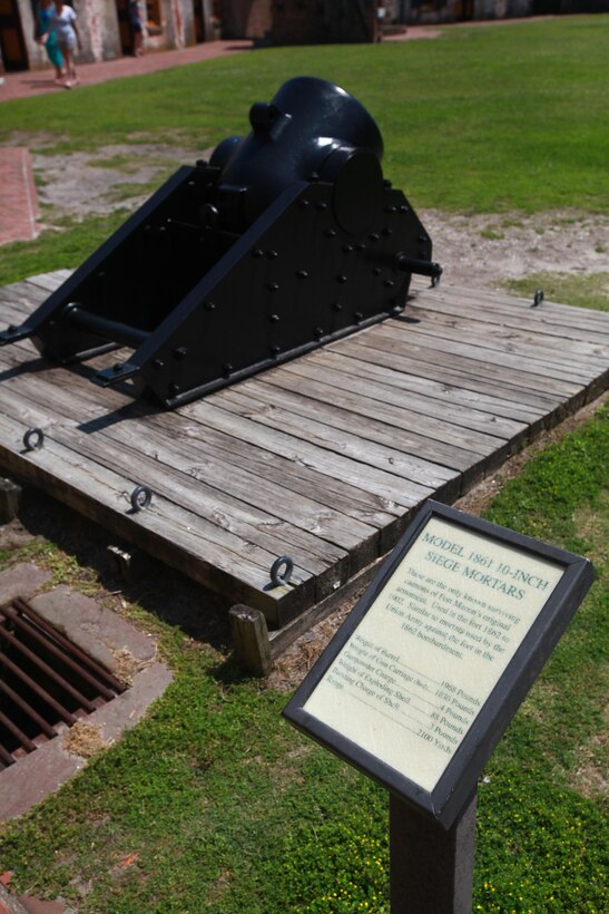 A model 1861 10-inch seige mortar, used as armament from 1862-1902, sits as a display at Fort Macon State Park May 12. These cannons are similar to the mortars used by the Union Army against the fort in the 1862 bombardment. The barrel weighs 1968 pounds, the gun carriage weighs 1830 pounds and the gunpowder charge weighs 4 pounds. The cannon’s range is 2,100 yards.