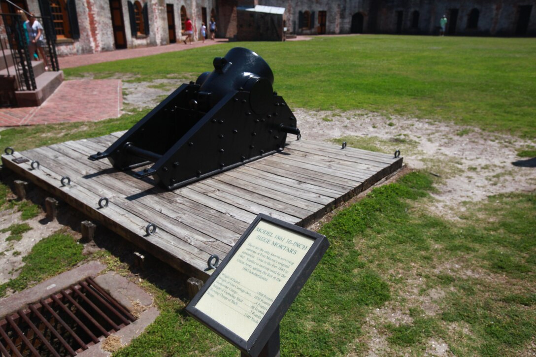 A model 1861 10-inch seige mortar, used as armament from 1862-1902, sits as a display at Fort Macon State Park May 12. These cannons are similar to the mortars used by the Union Army against the fort in the 1862 bombardment. The barrel weighs 1968 pounds, the gun carriage weighs 1830 pounds and the gunpowder charge weighs 4 pounds. The cannon’s range is 2,100 yards.