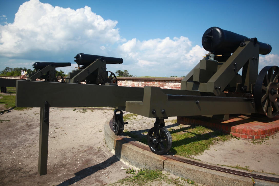 Cannons are displayed on top of the fort at the Fort Macon State Park. The cannons were used to help protect the fort from intruders.