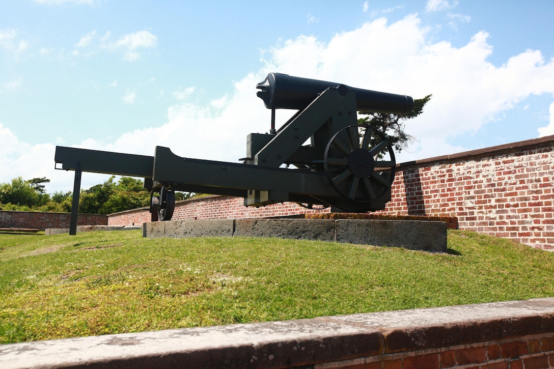 Cannons are displayed on top of the fort at the Fort Macon State Park. The cannons were used to help protect the fort from intruders.