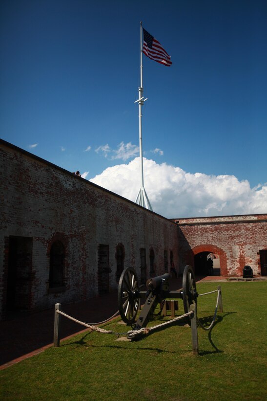 A model 1841 field cannon, the smallest caliber cannon used as secondary armament from 1834-1861, sits as a display at Fort Macon State Park May 12. These cannons were used to defend vulnerable areas against assaults. The barrel weighs 887 pounds, the gun carriage weighs 900 pounds and each shot weighs 6 pounds. The cannon’s range is 1,523 yards. A team of seven men is required to operate it.