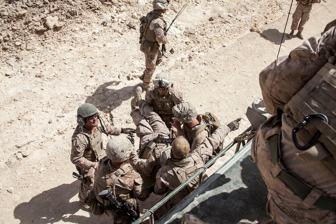 Amphibious Assault Vehicle (AAV) Platoon and 2nd Platoon, Company K, Battalion Landing Team 3/2, 26th Marine Expeditionary Unit (MEU), execute a personnel and vehicle casualty drill during an exercise in the 5th Fleet area of responsibility April 23, 2013. The 26th Marine Expeditionary Unit is currently deployed as part of the Kearsarge Amphibious Ready Group to the 5th Fleet area of responsibility. The 26th MEU operates continuously across the globe, providing the president and unified combatant commanders with a forward-deployed, sea-based quick reaction force. The MEU is a Marine Air-Ground Task Force capable of conducting amphibious operations, crisis response, and limited contingency operations.
(U.S. Marine Corps photo by Staff Sgt. Edward Guevara/Released)