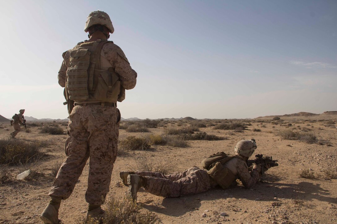 Marines assigned to India Company, Battalion Landing Team 3/2, 26th Marine Expeditionary Unit (MEU) participate in a fire team range during an exercise in the 5th Fleet area of responsibility, April 24, 2013. The 26th MEU is currently deployed as part of the Kearsarge Amphibious Ready Group to the 5th Fleet area of responsibility. The 26th MEU operates continuously across the globe, providing the president and unified combatant commanders with a forward-deployed, sea-based quick reaction force. The MEU is a Marine Air-Ground Task Force capable of conducting amphibious operations, crisis response, and limited contingency operations.
(U.S. Marine Corps photo by Cpl. Michael S. Lockett/Released)
