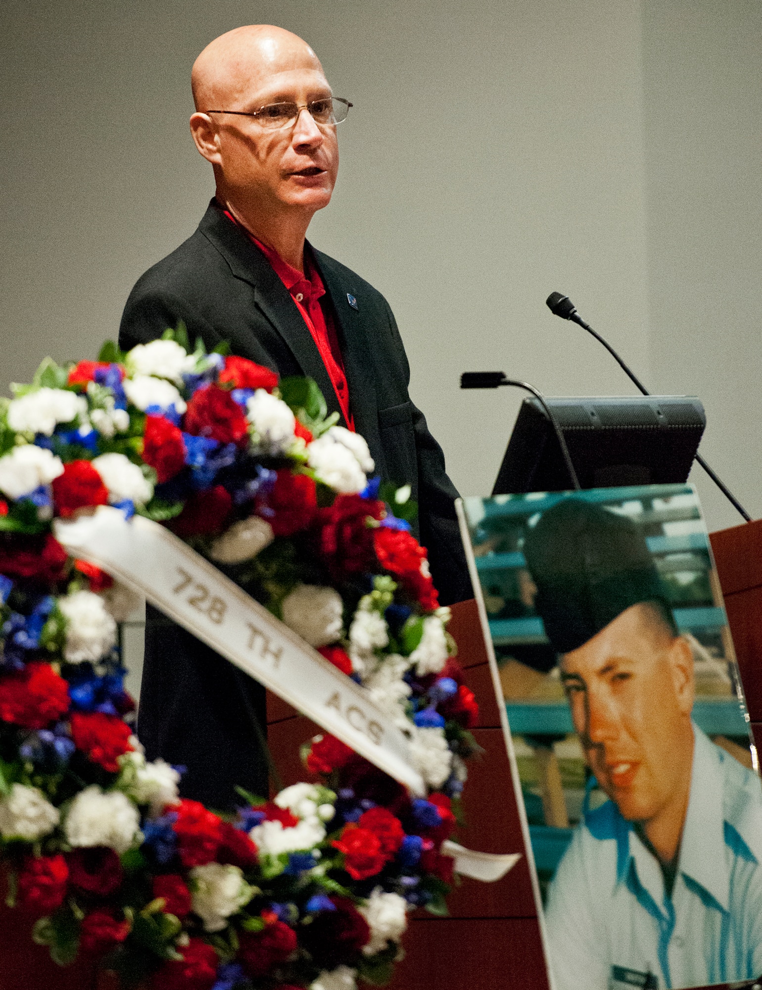 Retired Lt. Col. Randal Nelson spoke at the Staff Sgt. Patrick Griffin Memorial Rededication Ceremony May 16 at Eglin Air Force Base, Fla.  Griffin, a member of the 728th Air Control Squadron, was the only Eglin casualty of Operation Iraqi Freedom when he was killed by a roadside bomb May 13, 2003.  Nelson was the commander of the 728th and was deployed with Griffin at the time of his death.  His memorial was moved from the 728th ACS building, which will be deactivated May 17, to its new location close to the 33rd Fighter Wing’s Khobar Towers Memorial.  (U.S. Air Force photo/Samuel King Jr.)