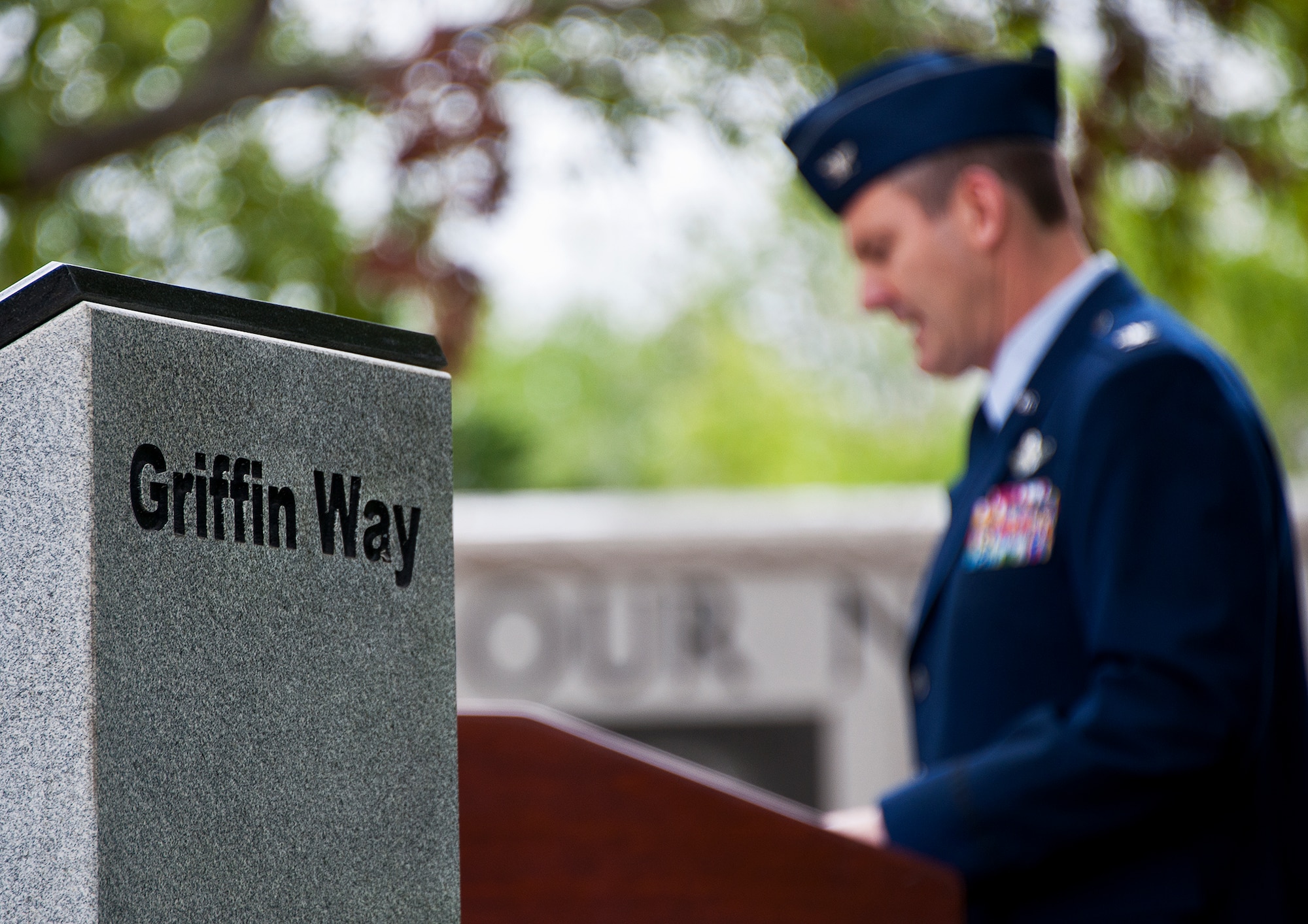 Col. Andrew Toth, the 33rd Fighter Wing commander, speaks to the Airmen and family in attendance during the Griffin Memorial Rededication Ceremony May 16 at Eglin Air Force Base, Fla.  Staff Sgt. Patrick Griffin, a member of the 728th ACS, was the only Eglin casualty of Operation Iraqi Freedom when he was killed by a roadside bomb May 13, 2003.  His memorial was moved from the 728th ACS building, which will be deactivated May 17, to its new location close to the 33rd Fighter Wing’s Khobar Towers Memorial.  (U.S. Air Force photo/Samuel King Jr.)