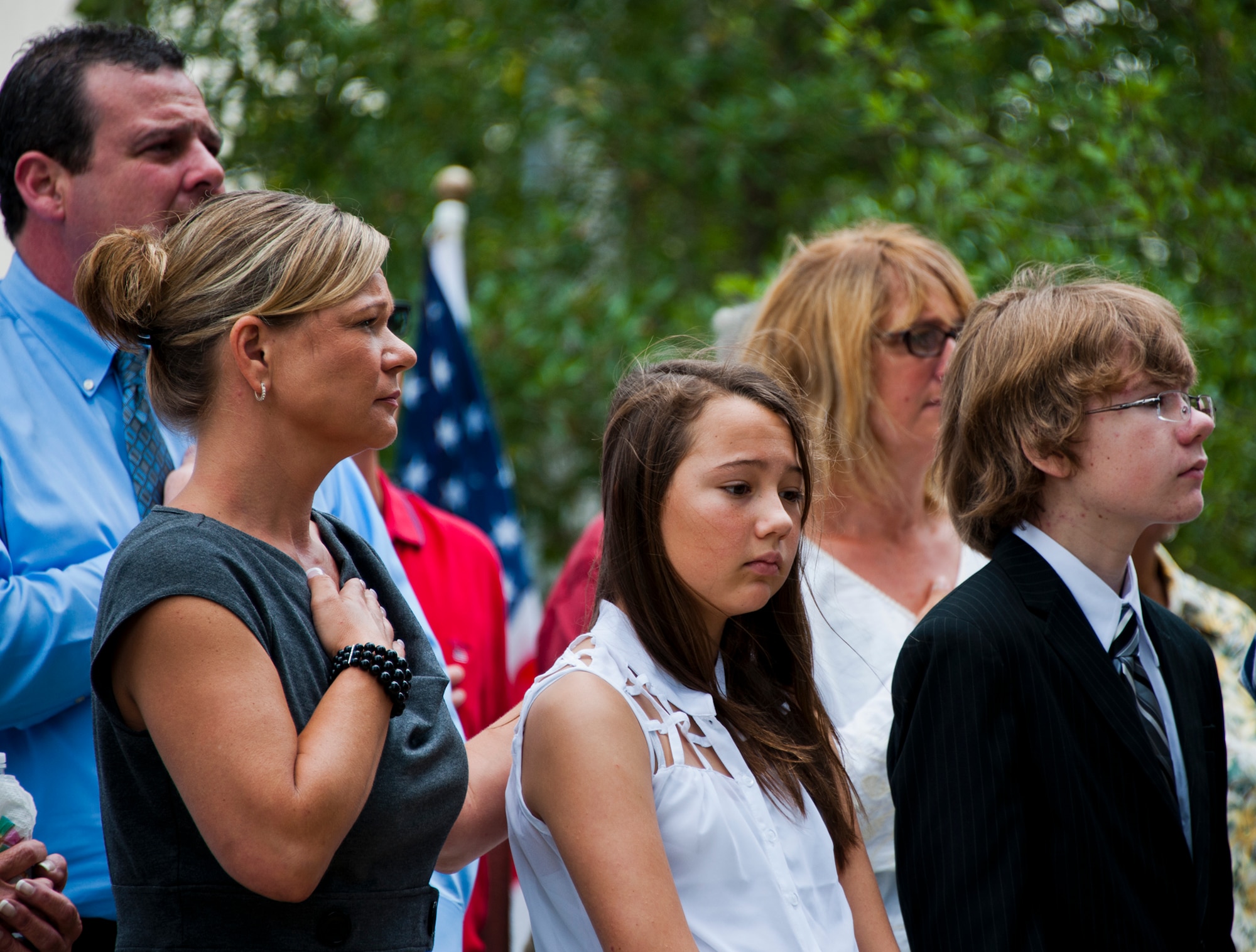 Staff Sgt. Patrick Griffin’s widow and children, Michelle, Makensie and Corey were in attendance at the Griffin Memorial Rededication Ceremony May 16 at Eglin Air Force Base, Fla.  Griffin, a member of the 728th Air Control Squadron, was the only Eglin casualty of Operation Iraqi Freedom when he was killed by a roadside bomb May 13, 2003.  His memorial was moved from the 728th ACS building, which will be deactivated May 17, to its new location close to the 33rd Fighter Wing’s Khobar Towers Memorial.  (U.S. Air Force photo/Samuel King Jr.)