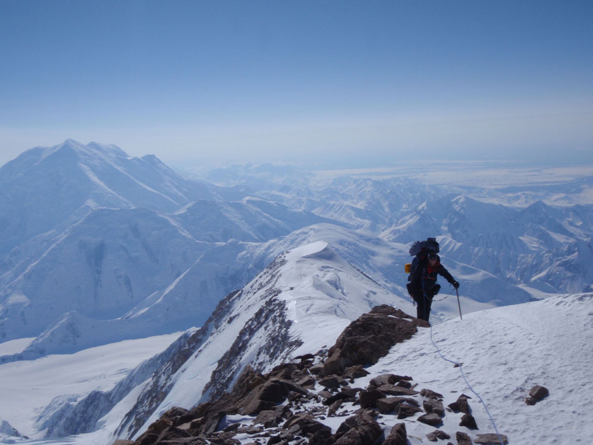 Chief Master Sgt. Paul Barendregt climbs up the prow of the West Buttress on Mount McKinley conducting winter rescue and glacier training. Barendregt and four other Alaska Air National Guardsmen with the 212th Rescue Squadron became the first group to reach the 20,320-foot peak of Mount McKinley this year after summiting North America’s tallest mountain May 9. (Courtesy photo)