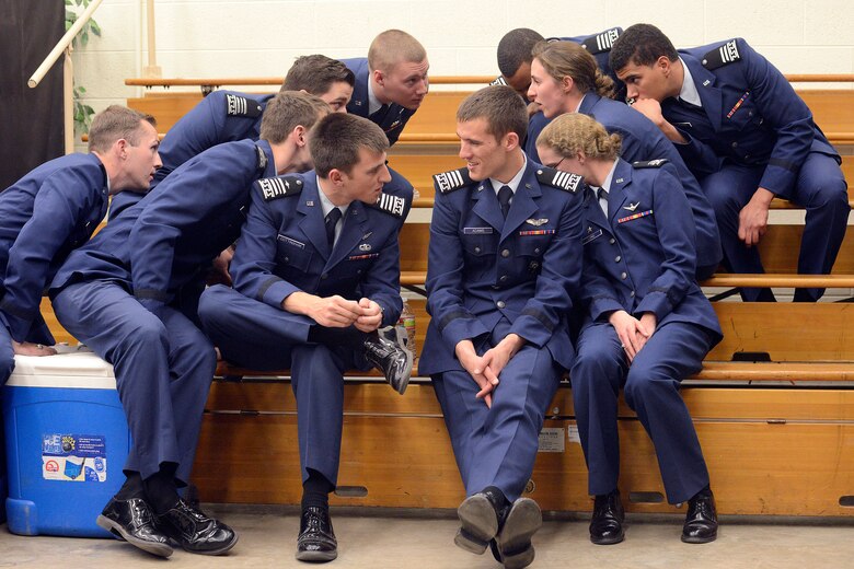 Cadets gather for a discussion prior to an aeronautical engineering presentation to Air Force Academy senior leaders and a Boeing executive in the Academy's Aeronautics Laboratory May 13, 2013. The presentation featured a cyclogyro called "The Night Owl," designed for use in future aircraft. (U.S. Air Force photo/Mike Kaplan)