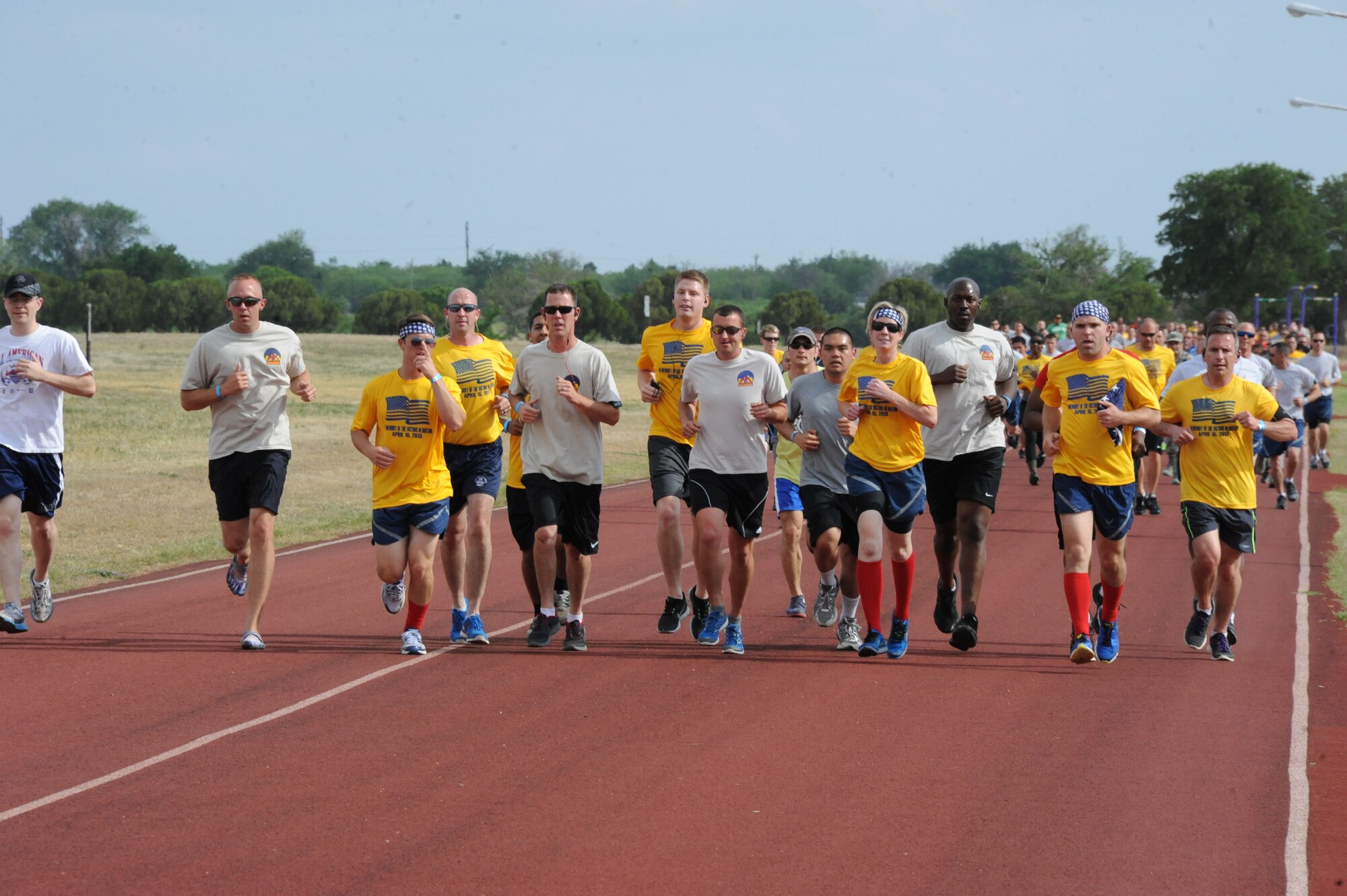 The 366th Training Squadron and the 82nd Medical Operations Squadron hosted a marathon run on May 15, 2013 at Sheppard Air Force Base in honor of those who were wounded and killed in the Boston Bombing. Each mile run represented a victim who was killed or injured. (U.S. Air Force photo by Airman 1st Class Jelani Gibson) 