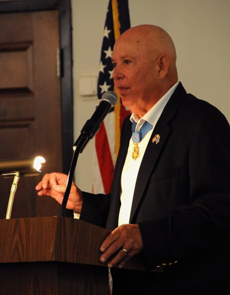 Retired U.S. Army Command Sgt. Maj. Gary Littrell, Medal of Honor recipient, speaks about his military career to service members past and present, and their families on Barksdale Air Force Base, La., May 16, 2013. Littrell, sergeant first class at the time, received the Medal of Honor for his actions during the Vietnam War. Beginning with intense mortar attacks from the enemy, Littrell put himself in harm's way for days, repulsing the attacks and instilling his men with the will to resist. (U.S. Air Force photo/Airman 1st Class Benjamin Gonsier)
