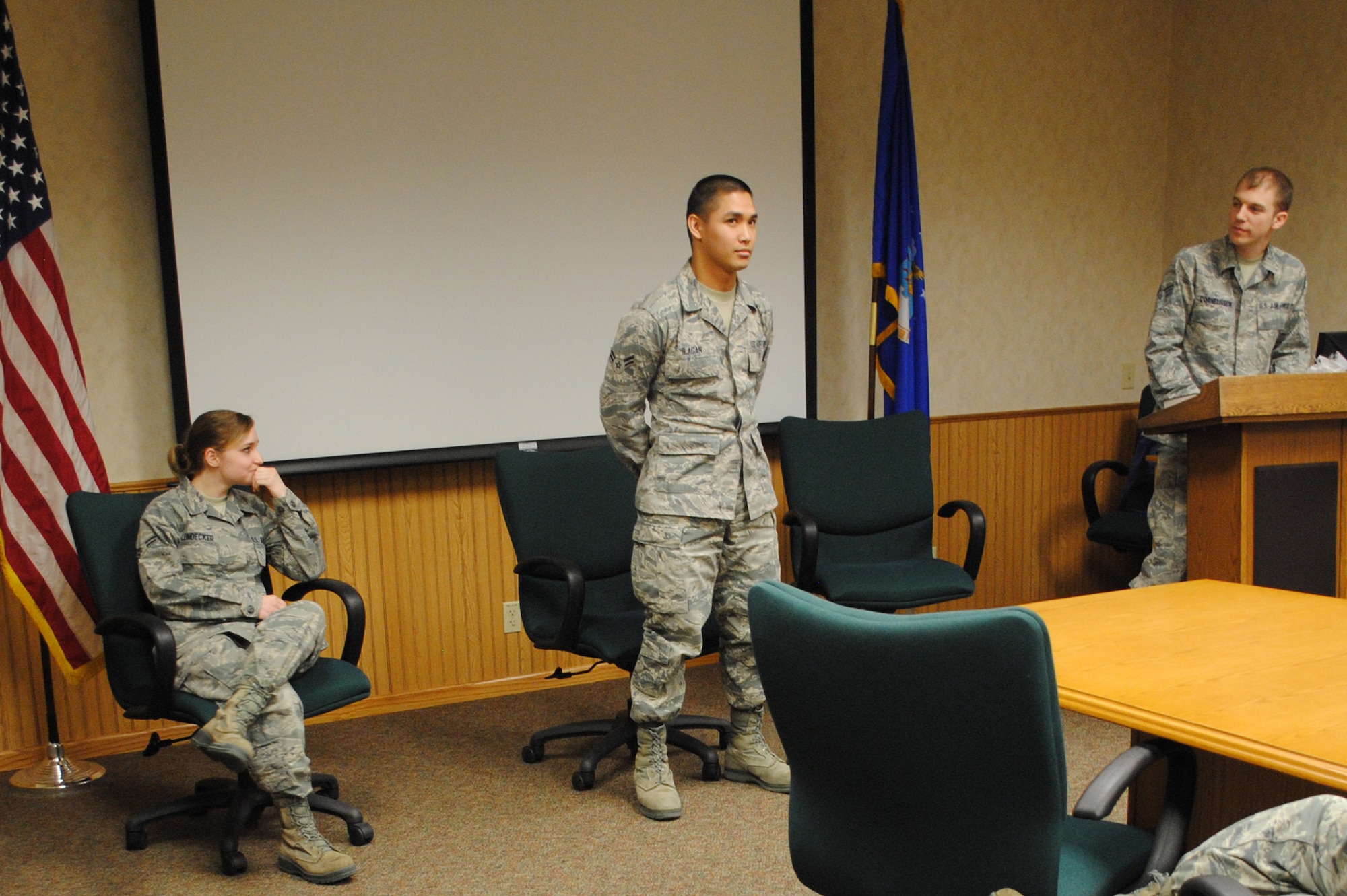 Airman 1st Class Paul Ilagan, 319th Medical Operation Squadron medical technician, carefully thinks how to spell his next word during  this year’s Nurse-Tech Week Spelling Bee on May 6, 2013, on Grand Forks Air Force Base, N.D. Ilagan won the competition by correctly spelling the 20-character-long  word, electroencephalogram. (U.S. Air Force photo/Staff Sgt. Luis Loza Gutierrez)
