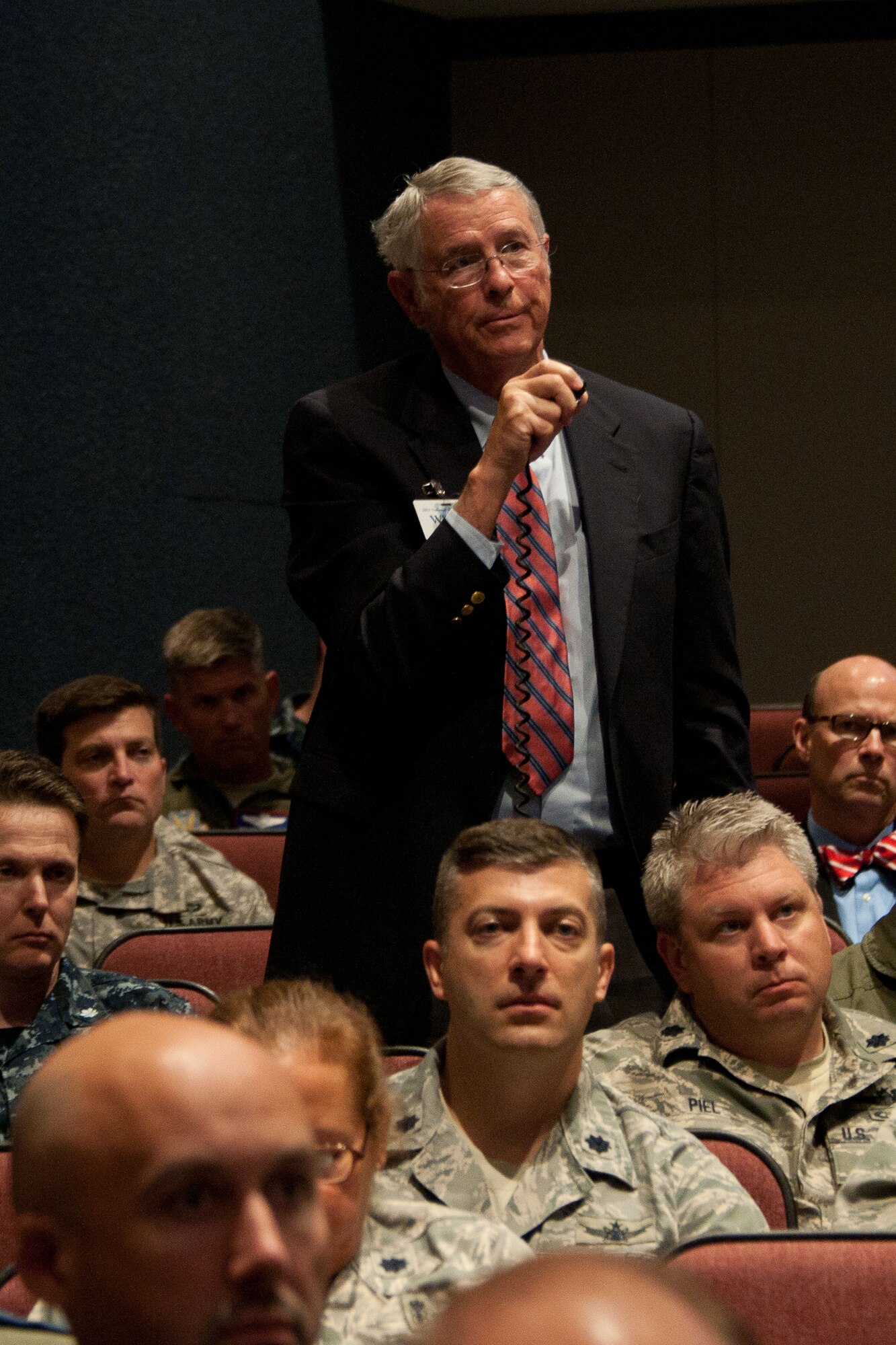 William Harrell, poses a question during the National Security Forum held at Air University May 7. Each year since beginning in 1954, NSF participants have come from a variety of backgrounds, including business, government, education and finance who’s experience directly benefits AWC students in their follow-on assignments by helping them anticipate how their decisions may be viewed by the civilian population. (U.S. Air Force photo by Donna Burnett)