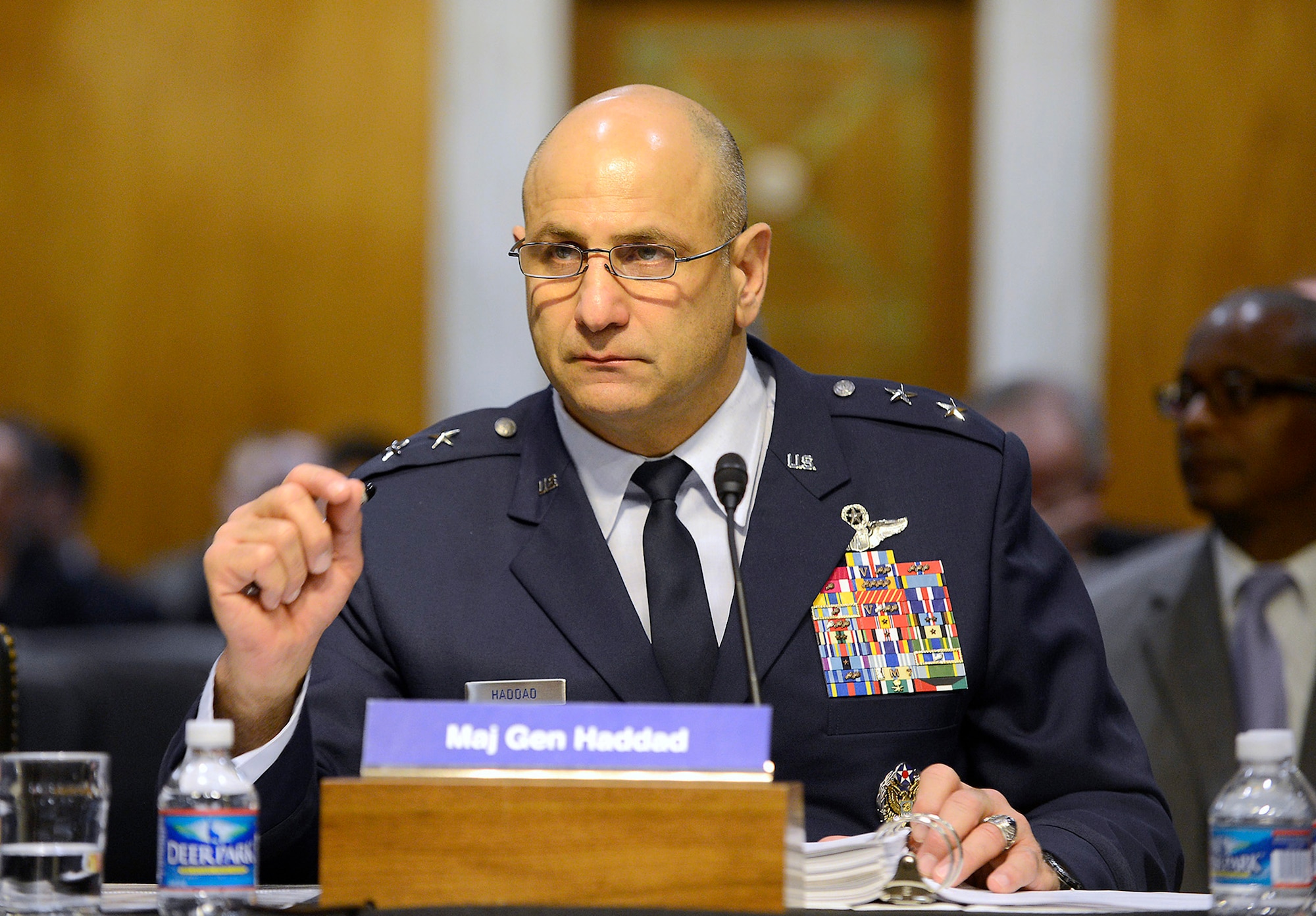 Maj. Gen. Richard S. Haddad, deputy to the chief of staff of Air Force Reserve, testifies during a hearing of the U.S. Senate Appropriations Committee, Subcommittee on Military Construction, Veterans Affairs, and Related Agencies, on Capitol Hill, May 15.  Active and Reserve Component leaders testified to the subcommittee about the FY14 President's Budget request and projected construction projects.  The proposed budget has $45.6 million to fund new Air Force Reserve projects.  This includes a Joint Regional Deployment Processing Center at March Air Reserve base, Calif., a Squadron Operations Facility at Tinker Air Force Base, Okla., and an Entry Control Complex at Homestead Air Reserve Base, Fla.  (U.S. Air Force
photo/Scott M. Ash)
