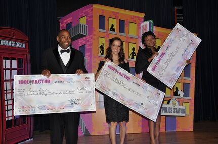 Left to right: Tyrone Moore, Ashley Olson and Senior Airman Sherita Tisdom won third, second and fi rst place at the Joint Base San Antonio-Randolph Idol Factor singing competition May 3 at the Randolph Parr Club. (Courtesy photo)