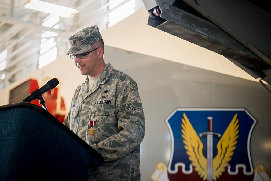 U.S. Air Force Maj. Aaron Buck, 23d Maintenance Operations Squadron commander, gives remarks during the 23d MOS inactivation ceremony May 15, 2013, at Moody Air Force Base, Ga. Buck spoke on his journey to becoming the unit’s commander and thanked the Airmen he’s worked with during his tenure. (U.S. Air Force photo by Staff Sgt. Jamal D. Sutter/Released) 