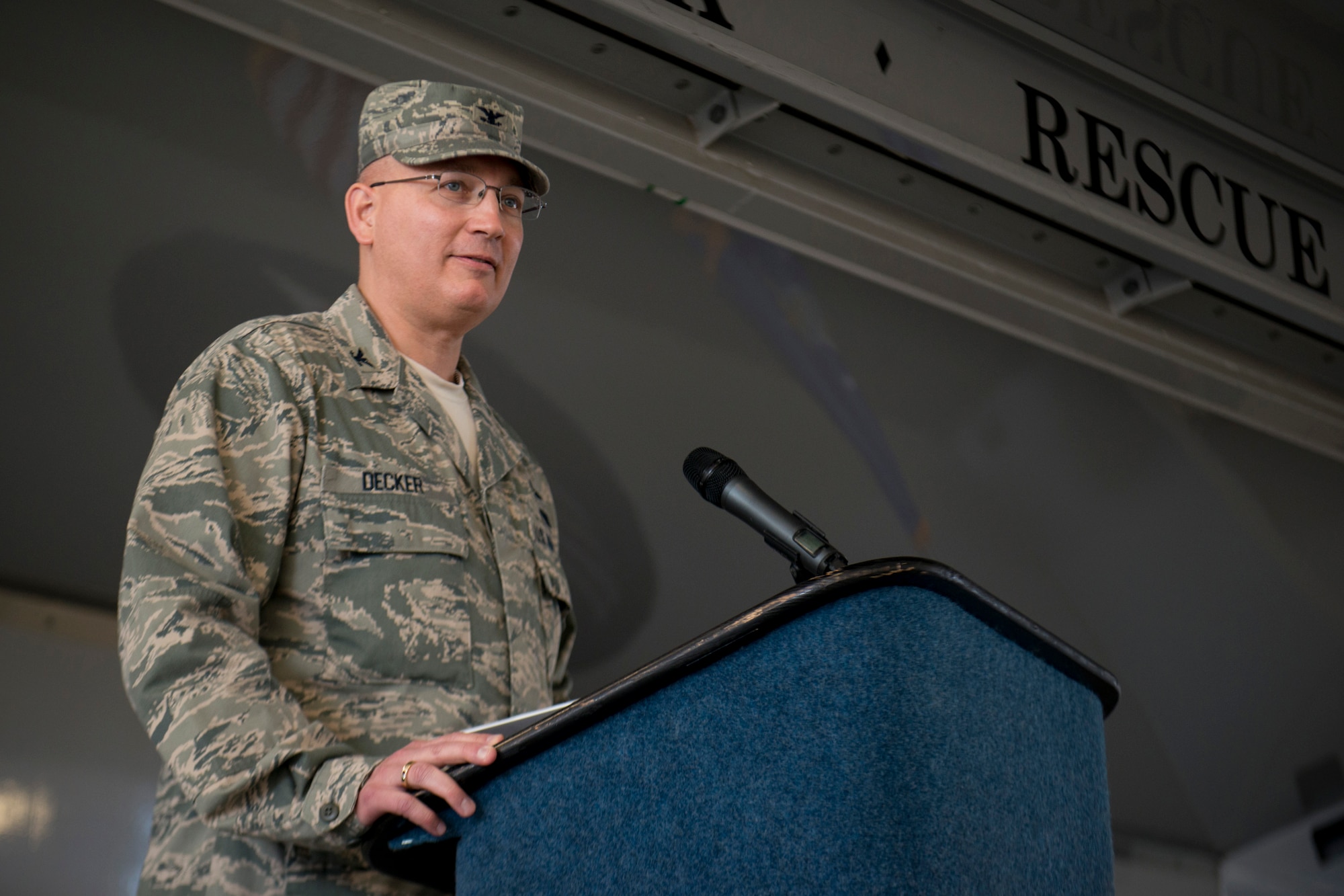 U.S. Air Force Col. Jeffrey Decker, 23d Maintenance Group commander, gives remarks during the 23d Maintenance Operations Squadron inactivation ceremony May 15, 2013, at Moody Air Force Base, Ga. Decker spoke on the unit’s history, praised its Airmen and highlighted the leadership shown by its final commander, Maj. Aaron Buck. (U.S. Air Force photo by Staff Sgt. Jamal D. Sutter/Released)