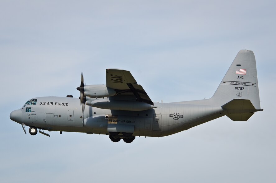 A U.S. Air Force C-130 Hercules aircraft assigned to the 139th Airlift Wing, Missouri Air National Guard, takes off at Rosecrans Air National Guard Base, Mo., May 15, 2013. The C-130 is capable of delivering equipment and personnel to any location around the world. (U.S. Air National Guard photo by Tech. Sgt. Michael Crane/Released)