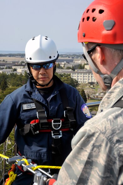 Takuya Kanto, 35th Civil Engineer Squadron driver operator, watches as U.S. Air Force Lt. Col. Robert Grainger, 35 CES commander, operates a brake bar during rappel training at Misawa Air Base, Japan, May 10, 2013. The brake bar is used to control the friction and tension of the rope as an individual rappels to the ground. (U.S. Air Force photo by Airman 1st Class Zachary Kee) 