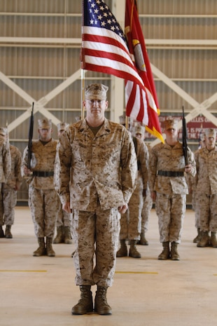Sgt. Maj. Jason Simmons, Marine All Weather Fighter Attack Squadron 242 sergeant major, stands tall during the relief and appointment ceremony at the VMFA(AW)-242 hangar at Marine Corps Air Station Iwakuni, Japan, May 13, 2013. Simmons is a former 2nd Recruit Training Battalion sergeant major at Marine Corps Recruit Depot, Parris Island, SC.