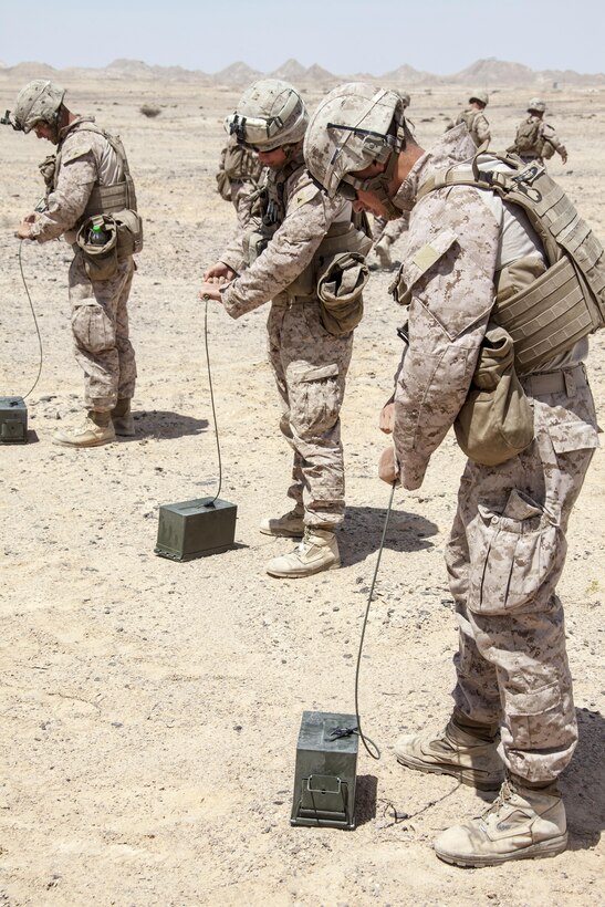Marines assigned to the 26th Marine Expeditionary Unit (MEU) conduct a demolitions range during an exercise in the 5th Fleet area of responsibility April 29, 2013. The 26th MEU is currently deployed as part of the Kearsarge Amphibious Ready Group to the 5th Fleet area of responsibility. The 26th MEU operates continuously across the globe, providing the president and unified combatant commanders with a forward-deployed, sea-based quick reaction force. The MEU is a Marine Air-Ground Task Force capable of conducting amphibious operations, crisis response, and limited contingency operations.
(U.S. Marine Corps photo by Staff Sgt. Edward Guevara/Released)