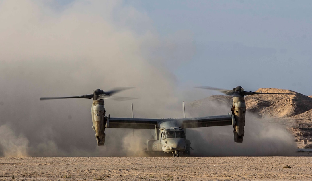 An MV-22B Osprey assigned to Marine Medium Tiltrotor Squadron (VMM) 266 (Reinforced), 26th Marine Expeditionary Unit (MEU) lands at a forward arming and refueling point during an exercise in the 5th Fleet area of responsibility, April 29, 2013. The 26th MEU is currently deployed as part of the Kearsarge Amphibious Ready Group to the 5th Fleet area of responsibility. The 26th MEU operates continuously across the globe, providing the president and unified combatant commanders with a forward-deployed, sea-based quick reaction force. The MEU is a Marine Air-Ground Task Force capable of conducting amphibious operations, crisis response, and limited contingency operations.
(U.S. Marine Corps photo by Cpl. Michael S. Lockett/Released)
