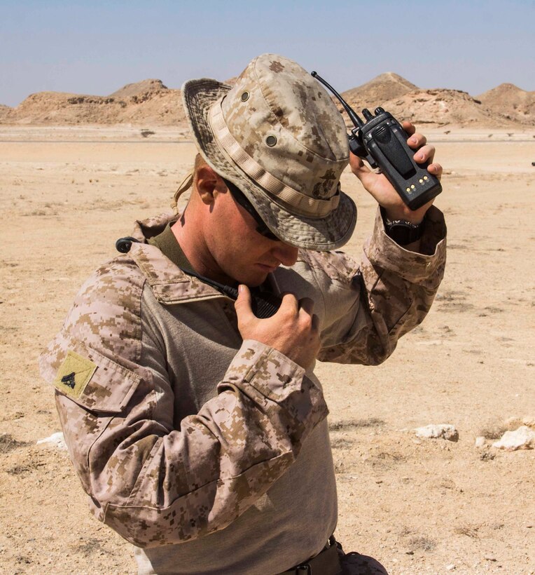 Cpl. Conner McGrath, company radio operator from Branchville, New Jersey, assigned to Company K, Battalion Landing Team 3/2, 26th Marine Expeditionary Unit (MEU), tries to get better signal for a radio during a live-fire range as part of an exercise in the 5th Fleet area of responsibility May 1, 2013. The 26th MEU is currently deployed as part of the Kearsarge Amphibious Ready Group to the 5th Fleet area of responsibility. The 26th MEU operates continuously across the globe, providing the president and unified combatant commanders with a forward-deployed, sea-based quick reaction force. The MEU is a Marine Air-Ground Task Force capable of conducting amphibious operations, crisis response, and limited contingency operations.
(U.S. Marine Corps photo by Cpl. Michael S. Lockett/Released)
