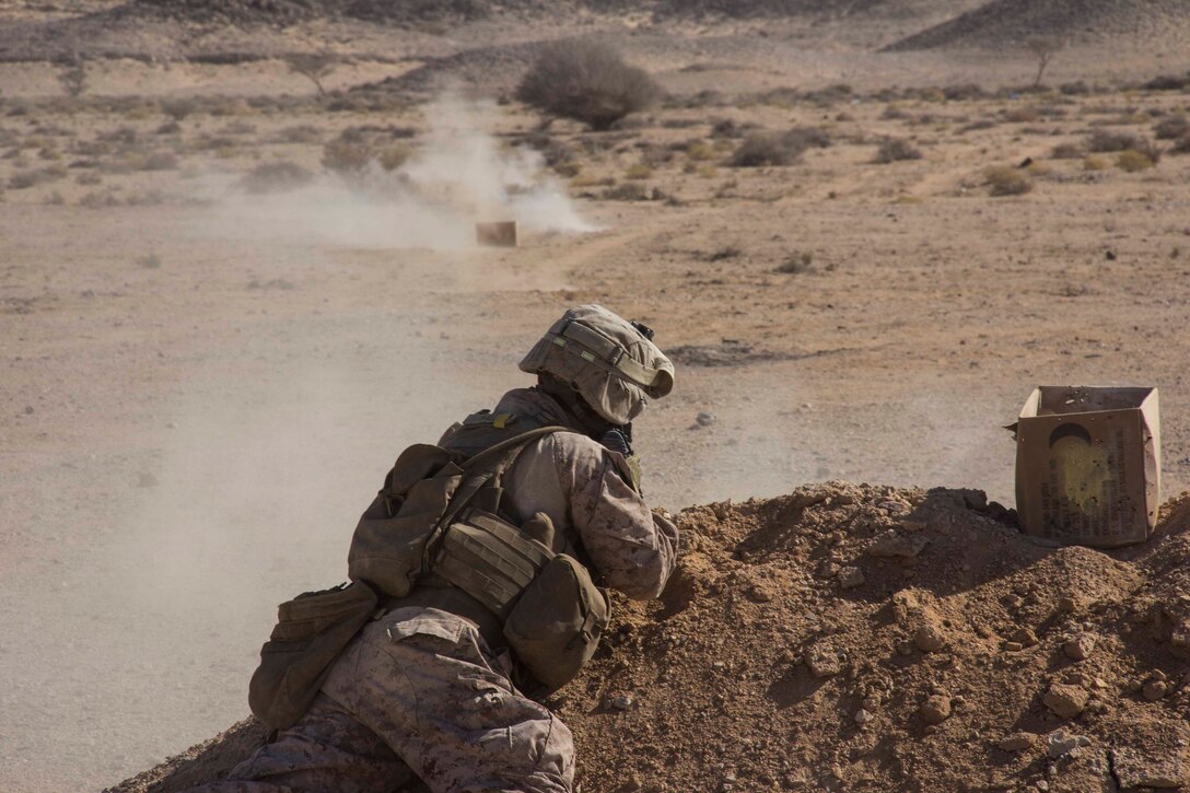 Lance Cpl. Joshua Hall, automatic rifleman from Wytheville, Va., assigned to Company K, Battalion Landing Team 3/2, 26th Marine Expeditionary Unit (MEU), fires his infantry automatic rifle during a squad assault as part of an exercise in the 5th Fleet area of responsibility May 1, 2013. The 26th MEU is currently deployed as part of the Kearsarge Amphibious Ready Group to the 5th Fleet area of responsibility. The 26th MEU operates continuously across the globe, providing the president and unified combatant commanders with a forward-deployed, sea-based quick reaction force. The MEU is a Marine Air-Ground Task Force capable of conducting amphibious operations, crisis response, and limited contingency operations.
(U.S. Marine Corps photo by Cpl. Michael S. Lockett/Released)
