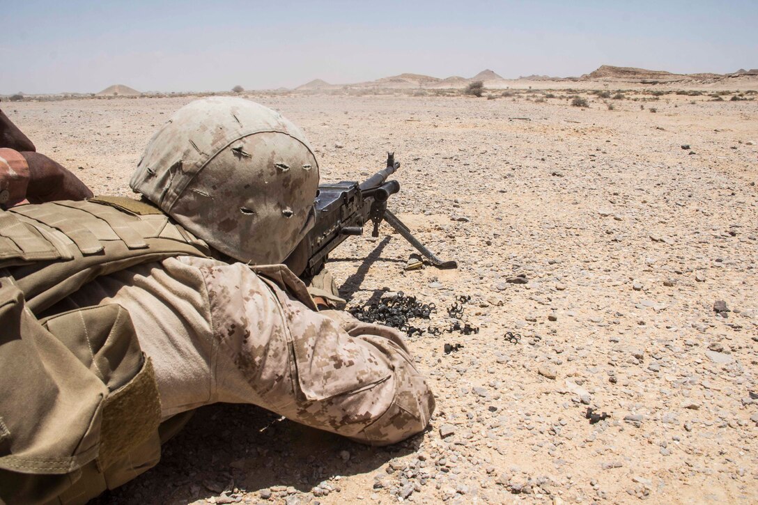 Cpl. John Hilton, headquarters platoon sergeant from Waycross, Ga., assigned to Company K, Battalion Landing Team 3/2, 26th Marine Expeditionary Unit (MEU), fires a foreign M240 medium machine gun as part of an exercise in the 5th Fleet area of responsibility May 1, 2013. The 26th MEU is currently deployed as part of the Kearsarge Amphibious Ready Group to the 5th Fleet area of responsibility. The 26th MEU operates continuously across the globe, providing the president and unified combatant commanders with a forward-deployed, sea-based quick reaction force. The MEU is a Marine Air-Ground Task Force capable of conducting amphibious operations, crisis response, and limited contingency operations.
(U.S. Marine Corps photo by Cpl. Michael S. Lockett/Released)
