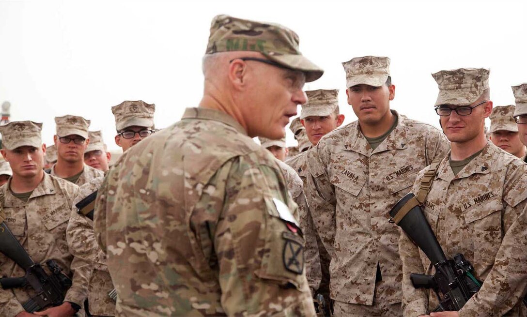 U.S. Army Lt. Gen. James L. Terry, commander, International Security Assistance Force Joint Command, addresses U.S.Marines and Sailors assigned to Headquarters Company, Regimental Combat Team 7 on Camp Leatherneck, Afghanistan, April 22, 2013.